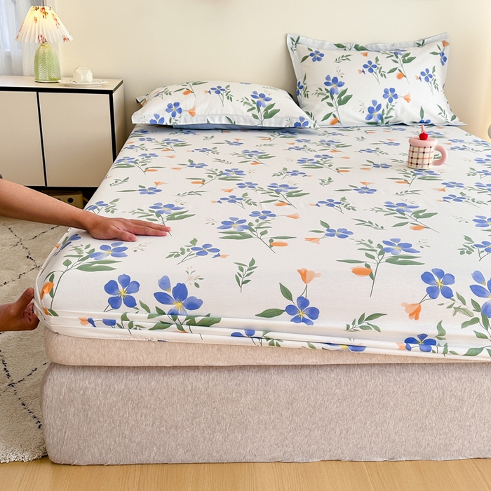 91家纺网 家纺一手货源 找家纺 棉造家居 2025新款亲肤舒适全棉纯棉印花单床笠 清风