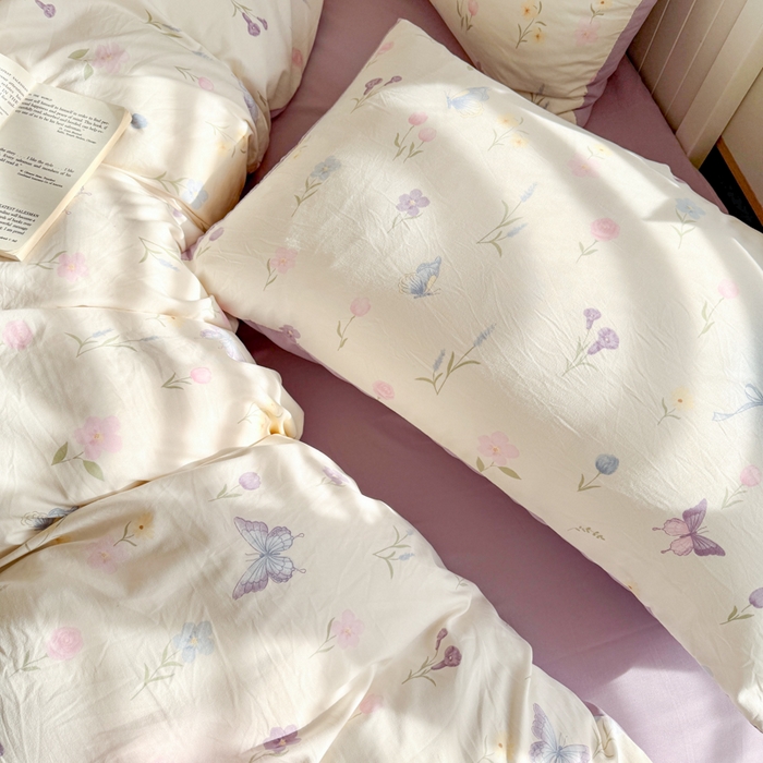 91家纺网 家纺一手货源 找家纺 慕澄家纺 2025新款小清新水洗棉印花四件套 萌趣版-觅蝶