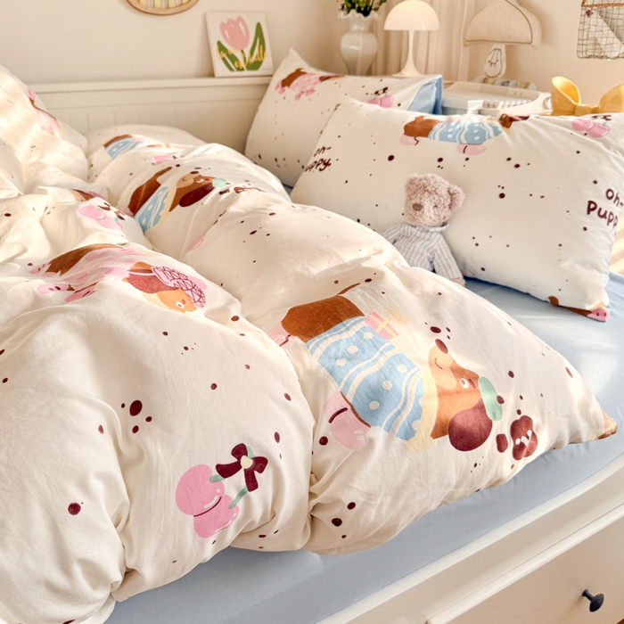 91家纺网 家纺一手货源 找家纺 慕澄家纺 2025新款小清新水洗棉印花四件套 萌趣版-腊肠狗