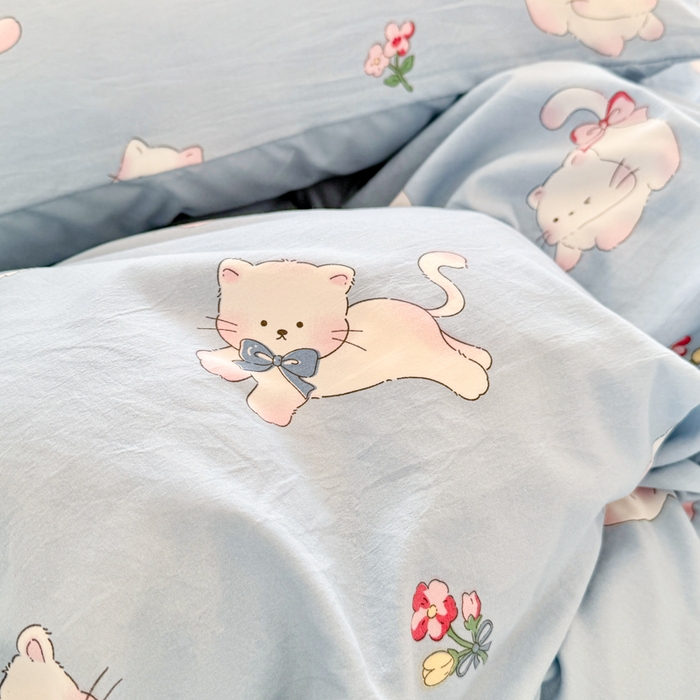 91家纺网 家纺一手货源 找家纺 慕澄家纺 2025新款小清新水洗棉印花四件套 萌趣版-卡哇伊猫咪