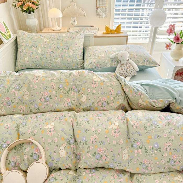 91家纺网 家纺一手货源 找家纺 慕澄家纺 2025新款小清新水洗棉印花四件套 萌趣版-碎花兔兔