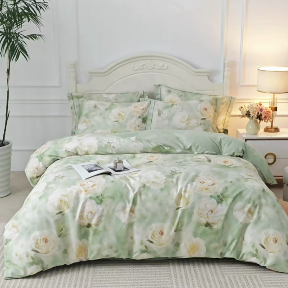 91家纺网 家纺一手货源 找家纺 曼秀琳 2025新款铂金棉数码印花四件套(全棉133*76) 墨雨云间-绿