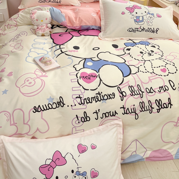 91家纺网 家纺一手货源 找家纺 博雅 2025新款三丽鸥大版印花全棉四件套专版花型 全棉大版（升级款信封枕）漫画KT猫