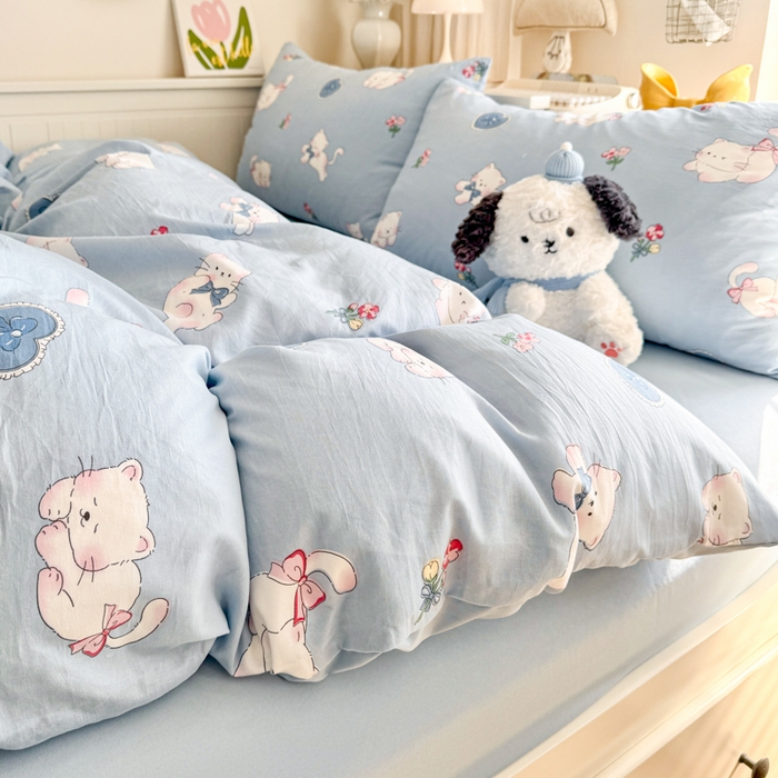 91家纺网 家纺一手货源 找家纺 慕澄家纺 2025新款小清新水洗棉印花四件套 萌趣版-卡哇伊猫咪