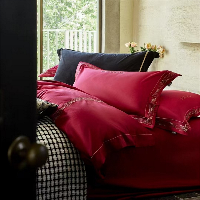 91家纺网 家纺一手货源 找家纺 玖玖爱家纺 2025新款180支植物甑棉四件套-时光之舞 时光之舞-波尔多红