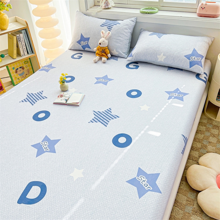 91家纺网 家纺一手货源 找家纺 雯豆2025春夏新品全棉床笠三件套学生成人印花纯棉床罩 全棉床笠-星星约定