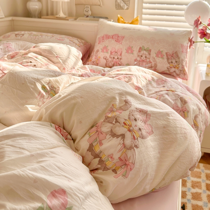 91家纺网 家纺一手货源 找家纺 慕澄家纺 2025新款小清新水洗棉印花四件套 萌趣版-洛丽塔