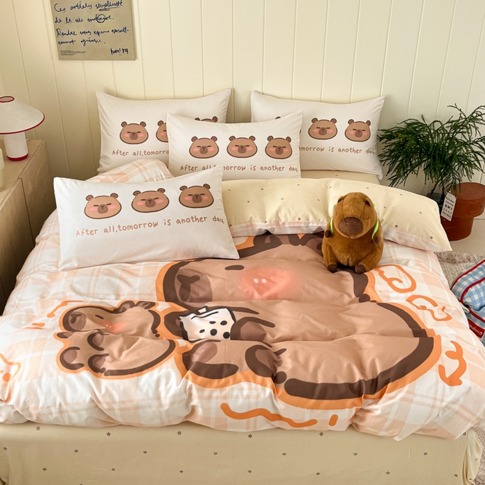 91家纺网 家纺一手货源 找家纺 博雅 2025新款卡皮巴拉系列全棉印花四件套 可爱卡皮巴拉