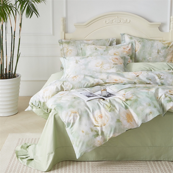 91家纺网 家纺一手货源 找家纺 曼秀琳 2025新款铂金棉数码印花四件套(全棉133*76) 墨雨云间-绿