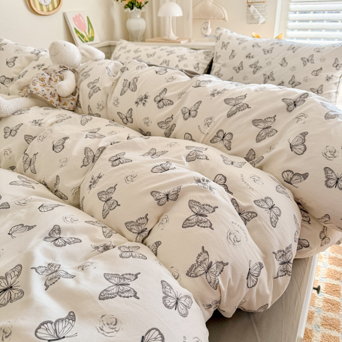 91家纺网 家纺一手货源 找家纺 慕澄家纺 2025新款小清新水洗棉印花四件套 萌趣版-蝶恋