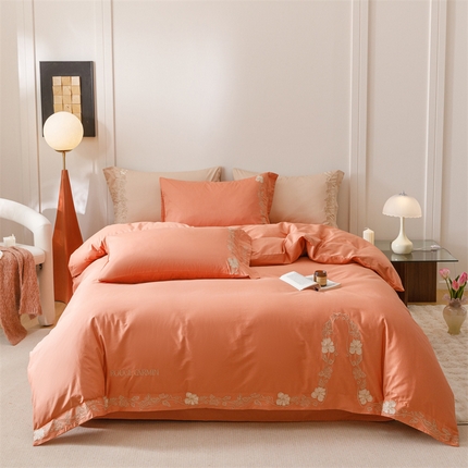艾莱家纺 2025新款A类精梳纯棉刺绣花四件套-赫柏 赫柏-橙夕