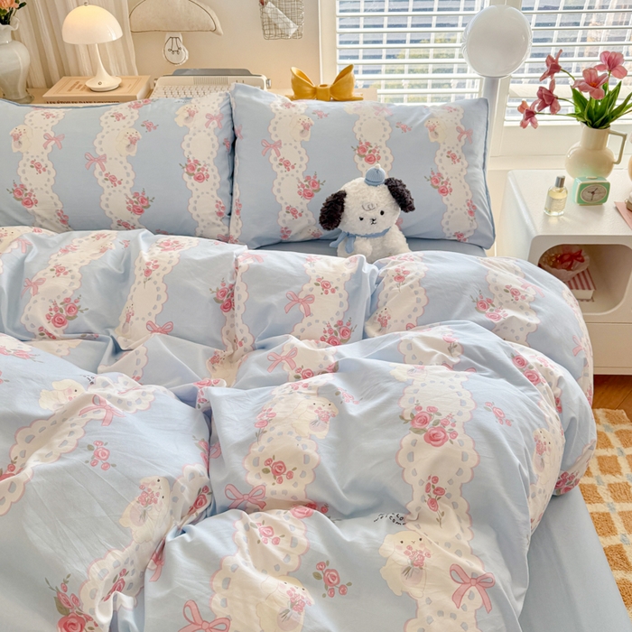 91家纺网 家纺一手货源 找家纺 慕澄家纺 2025新款小清新水洗棉印花四件套 萌趣版-蓝色花语