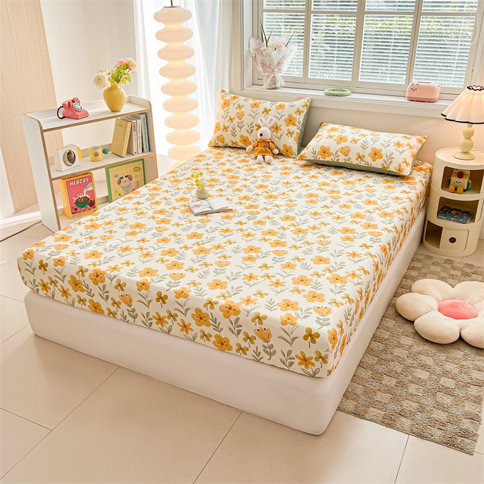 91家纺网 家纺一手货源 找家纺 雯豆2025春夏新品全棉床笠三件套学生成人印花纯棉床罩 全棉床笠-暖阳