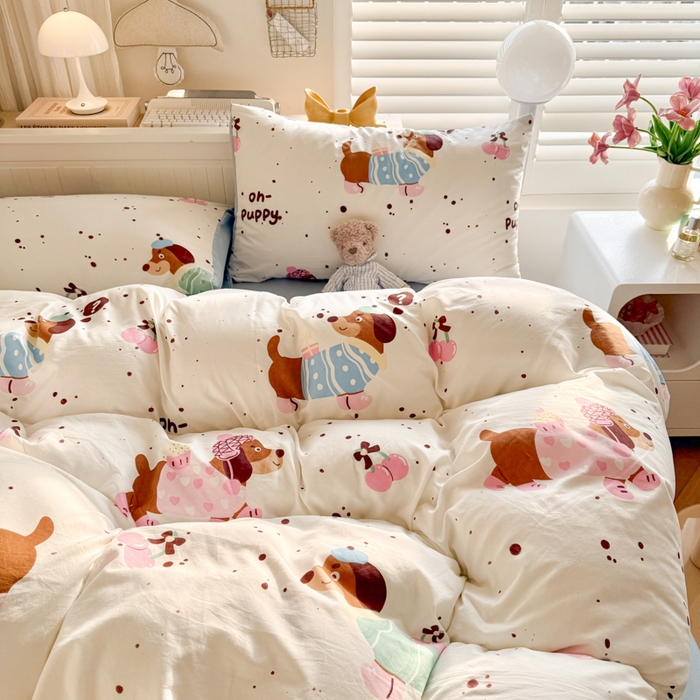 91家纺网 家纺一手货源 找家纺 慕澄家纺 2025新款小清新水洗棉印花四件套 萌趣版-腊肠狗