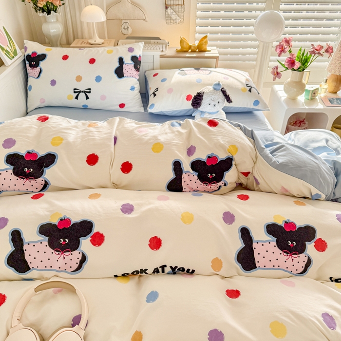 91家纺网 家纺一手货源 找家纺 慕澄家纺 2025新款小清新水洗棉印花四件套 萌趣版-彩波波