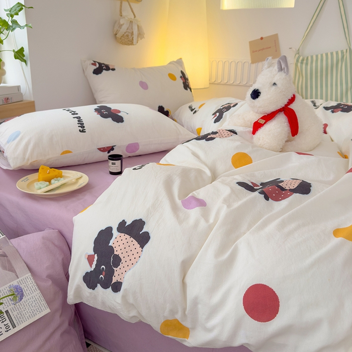 91家纺网 家纺一手货源 找家纺 颜选 2025新款水洗棉印花四件套 黑狗狗