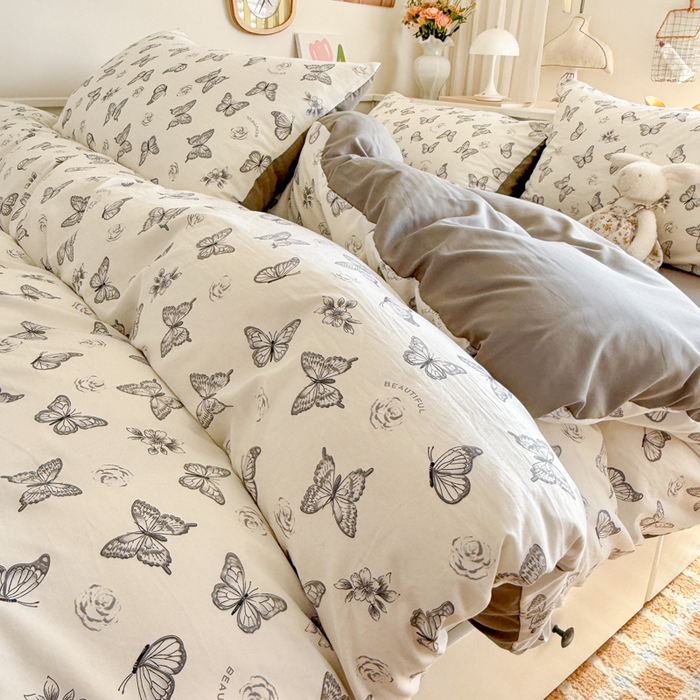 91家纺网 家纺一手货源 找家纺 慕澄家纺 2025新款小清新水洗棉印花四件套 萌趣版-蝶恋