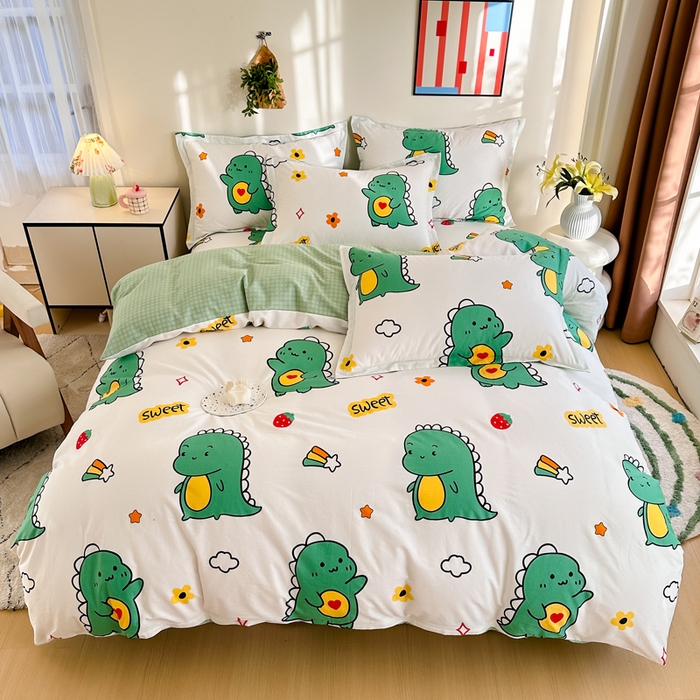 91家纺网 家纺一手货源 找家纺 棉造家居 2025新款亲肤舒适全棉纯棉印花系列三/四件套 恐龙宝贝