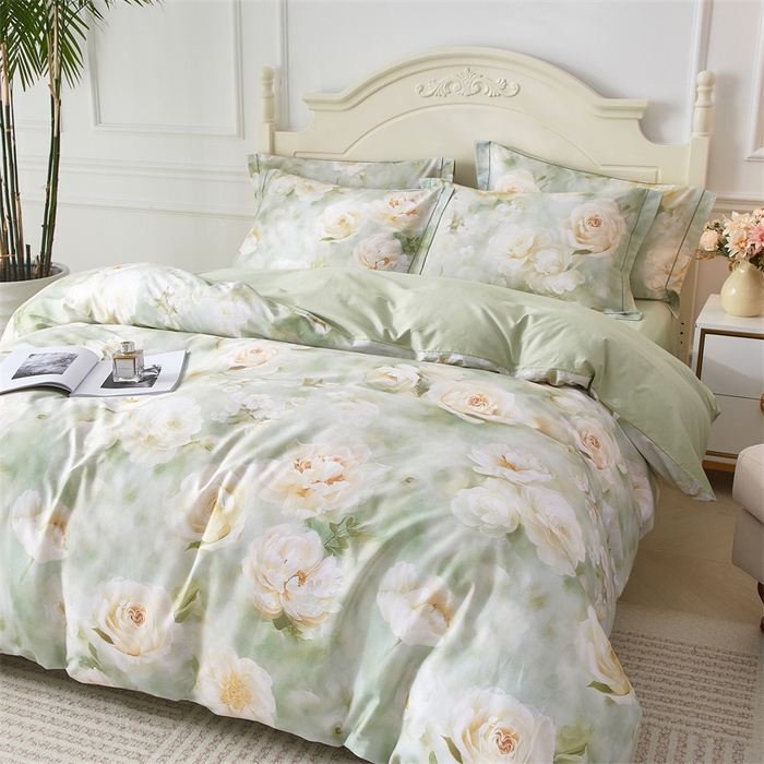 91家纺网 家纺一手货源 找家纺 曼秀琳 2025新款铂金棉数码印花四件套(全棉133*76) 墨雨云间-绿