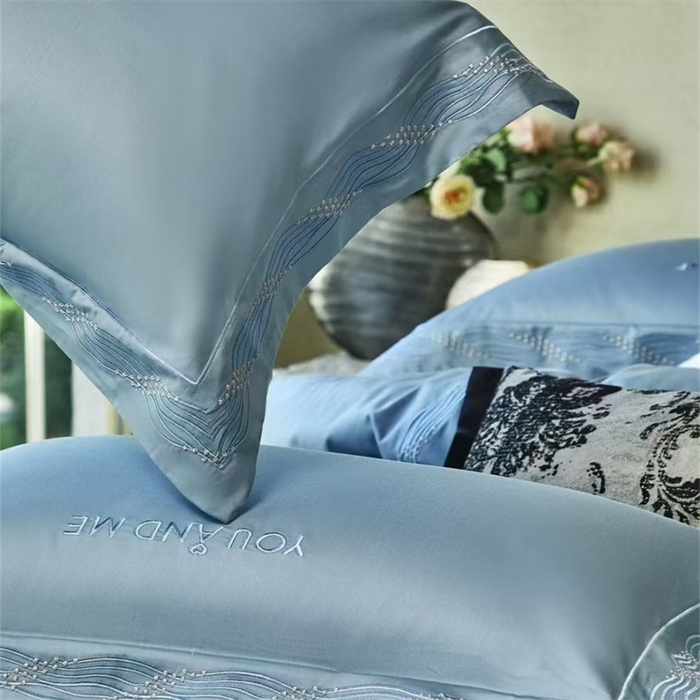 91家纺网 家纺一手货源 找家纺 玖玖爱家纺 2025新款180支植物甑棉四件套-时光之舞 时光之舞-黄昏蓝