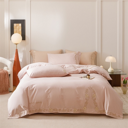 艾莱家纺 2025新款A类精梳纯棉刺绣花四件套-赫柏 赫柏-浅粉