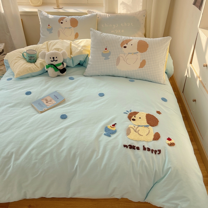 91家纺网 家纺一手货源 找家纺 美乐迪家纺 2025新款休闲风系列全棉毛巾绣四件套 布丁狗狗