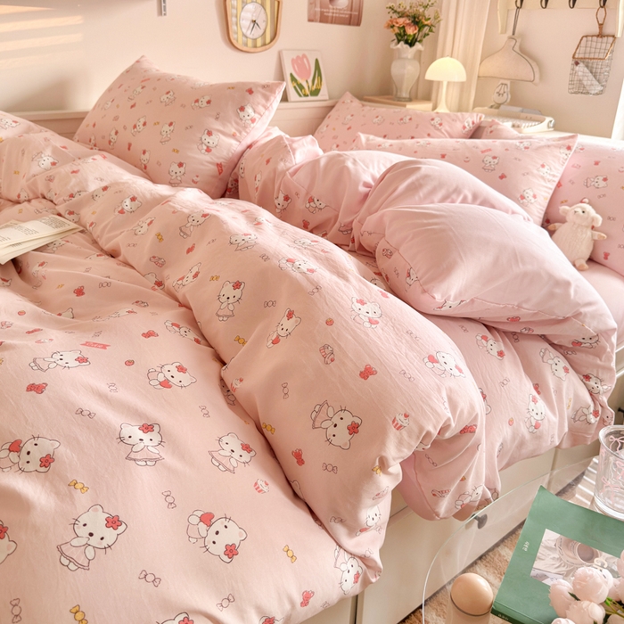 91家纺网 家纺一手货源 找家纺 慕澄家纺 2025新款小清新水洗棉印花四件套 萌趣版-粉咪咪