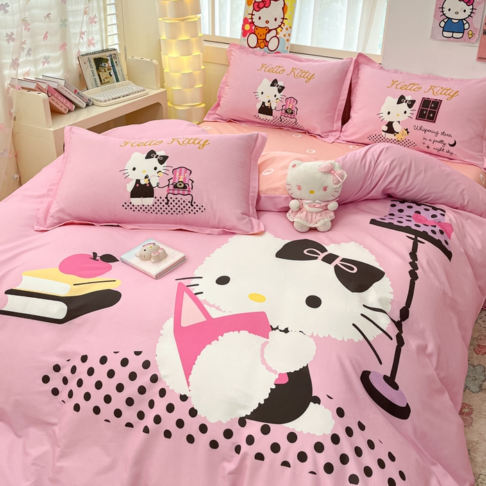 91家纺网 家纺一手货源 找家纺 博雅 2025新款三丽鸥大版印花全棉四件套专版花型 全棉大版（升级款信封枕）学习KT猫