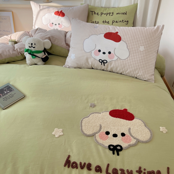 91家纺网 家纺一手货源 找家纺 美乐迪家纺 2025新款休闲风系列全棉毛巾绣四件套 休闲小狗