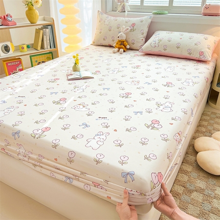 雯豆2025春夏新品全棉床笠三件套学生成人印花纯棉床罩 全棉床笠-小兔乖乖