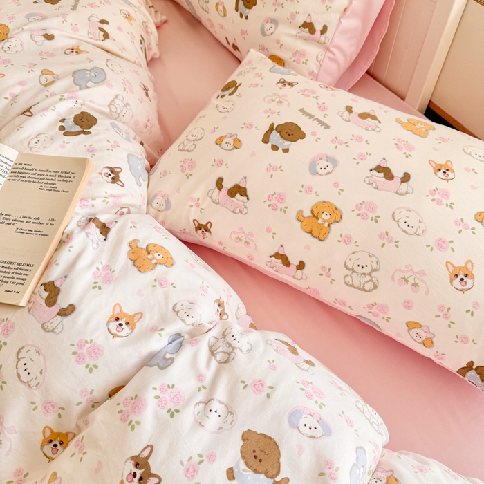 91家纺网 家纺一手货源 找家纺 慕澄家纺 2025新款小清新水洗棉印花四件套 萌趣版-狗狗派对