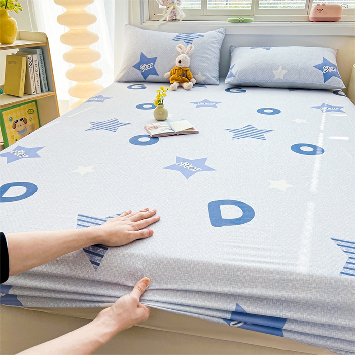 91家纺网 家纺一手货源 找家纺 雯豆2025春夏新品全棉床笠三件套学生成人印花纯棉床罩 全棉床笠-星星约定