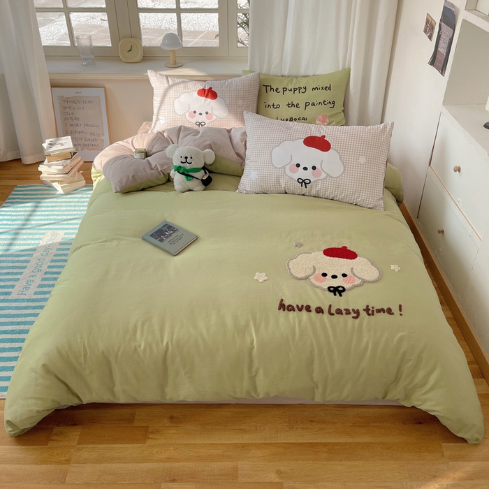 91家纺网 家纺一手货源 找家纺 美乐迪家纺 2025新款休闲风系列全棉毛巾绣四件套 休闲小狗