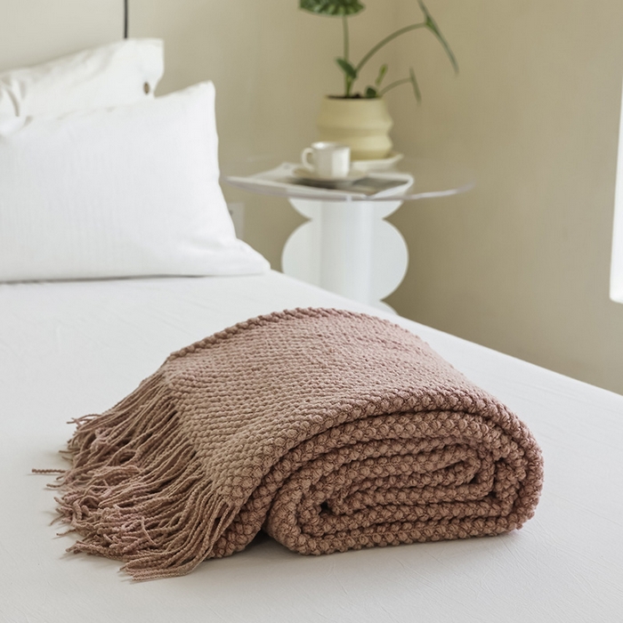 91家纺网 家纺一手货源 找家纺 朴尔家纺-毛巾被 2025新款波波风流苏柔糯毯床尾毯沙发巾 波波流苏柔糯毯-豆粉