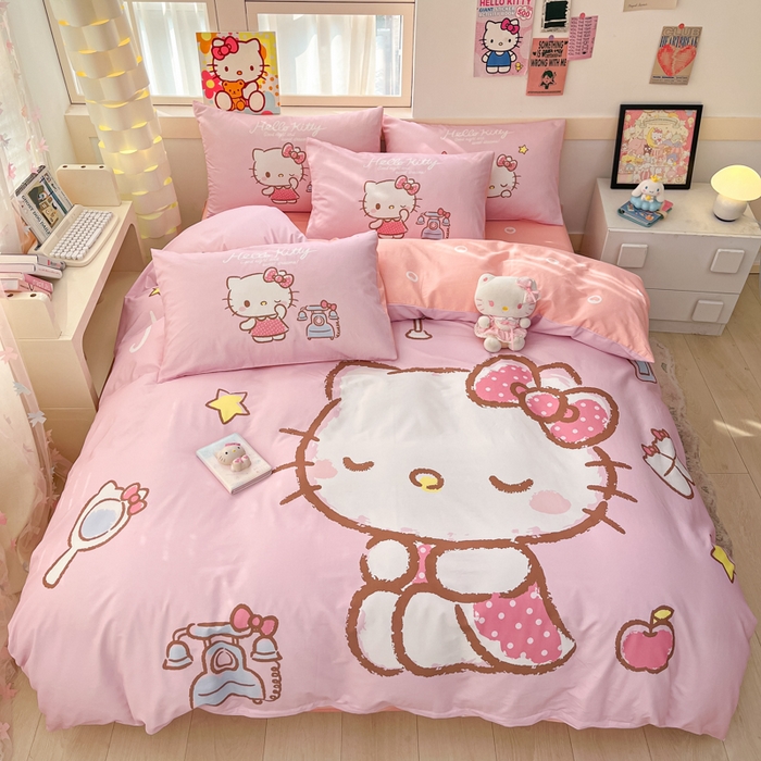 91家纺网 家纺一手货源 找家纺 博雅 2025新款三丽鸥大版印花全棉四件套专版花型 全棉大版（升级款信封枕）情书KT猫