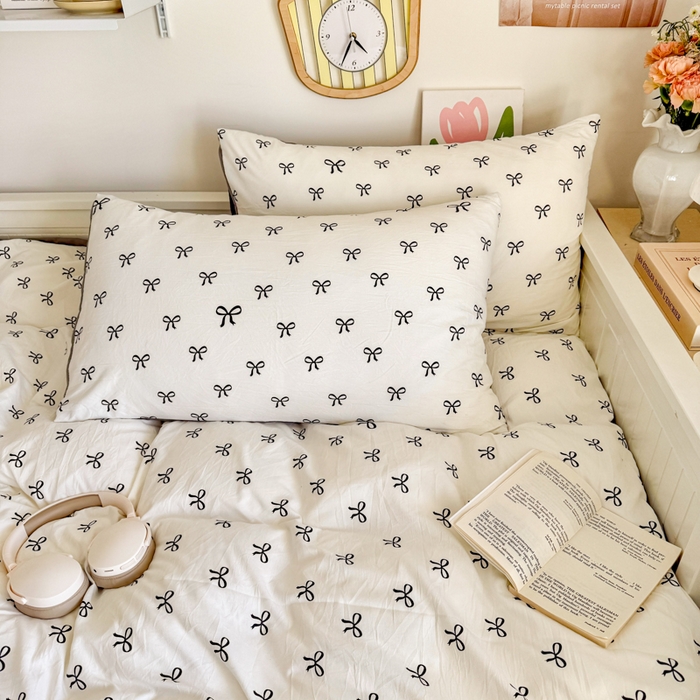 91家纺网 家纺一手货源 找家纺 慕澄家纺 2025新款小清新水洗棉印花四件套 萌趣版-黑系蝴蝶结