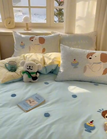 91家纺网 家纺一手货源 找家纺 美乐迪家纺 2025新款休闲风系列全棉毛巾绣四件套 布丁狗狗