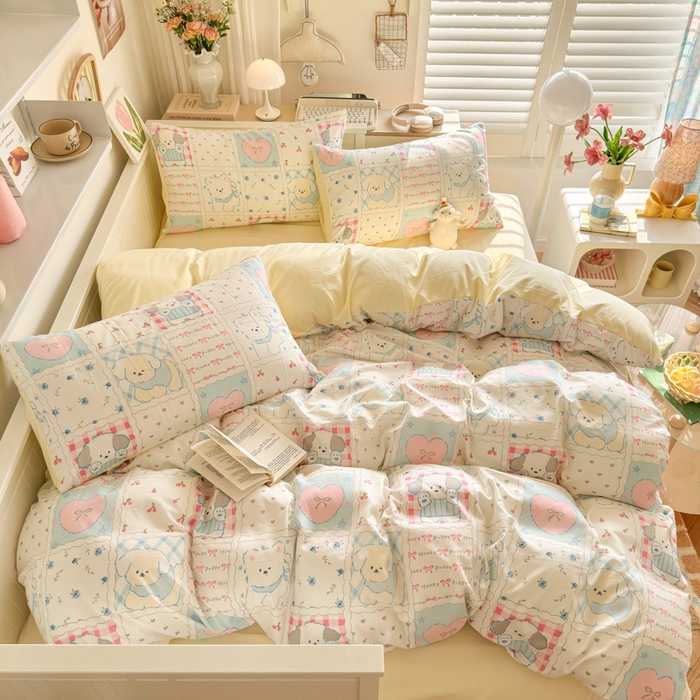 91家纺网 家纺一手货源 找家纺 慕澄家纺 2025新款小清新水洗棉印花四件套 萌趣版-格子铺