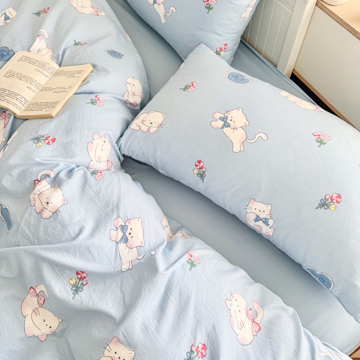 91家纺网 家纺一手货源 找家纺 慕澄家纺 2025新款小清新水洗棉印花四件套 萌趣版-卡哇伊猫咪