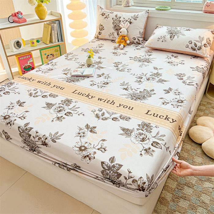 91家纺网 家纺一手货源 找家纺 雯豆2025春夏新品全棉床笠三件套学生成人印花纯棉床罩 全棉床笠-蔓秋