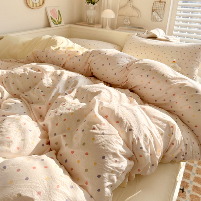 91家纺网 家纺一手货源 找家纺 慕澄家纺 2025新款小清新水洗棉印花四件套 萌趣版-奶油波点