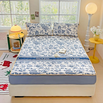 帛洵 2025新款舒适亲肤高克重牛奶绒夹棉床笠 青花瓷