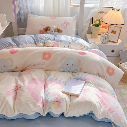 91家纺网 家纺一手货源 找家纺 韩巢家纺 2025新款学生宿舍上下铺印花被套床单三件套 奶呼呼大象