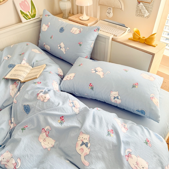 91家纺网 家纺一手货源 找家纺 慕澄家纺 2025新款小清新水洗棉印花四件套 萌趣版-卡哇伊猫咪