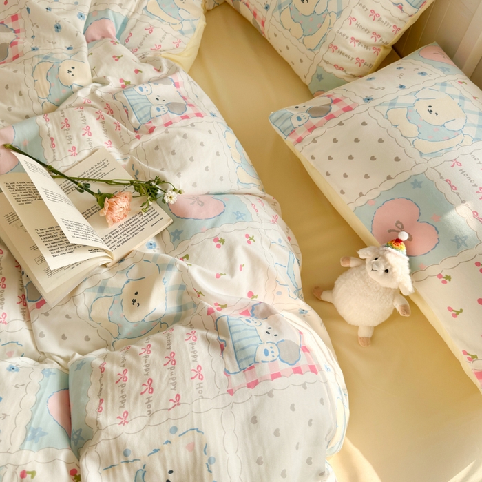 91家纺网 家纺一手货源 找家纺 慕澄家纺 2025新款小清新水洗棉印花四件套 萌趣版-格子铺