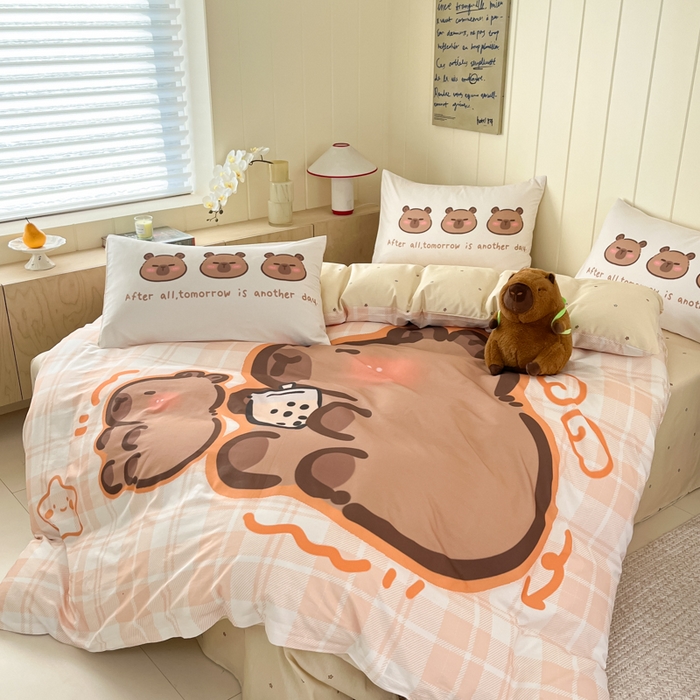 91家纺网 家纺一手货源 找家纺 博雅 2025新款卡皮巴拉系列全棉印花四件套 可爱卡皮巴拉