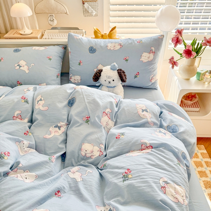 91家纺网 家纺一手货源 找家纺 慕澄家纺 2025新款小清新水洗棉印花四件套 萌趣版-卡哇伊猫咪