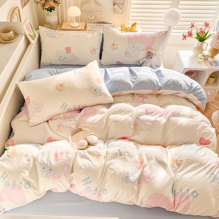 91家纺网 家纺一手货源 找家纺 慕澄家纺 2025新款小清新水洗棉印花四件套 萌趣版-小象