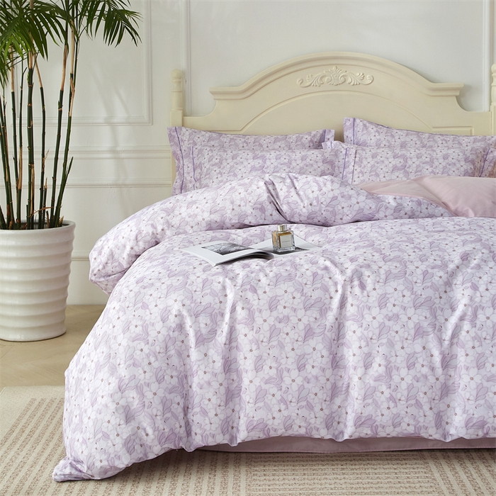 91家纺网 家纺一手货源 找家纺 曼秀琳 2025新款铂金棉数码印花四件套(全棉133*76) 春水柔情-紫