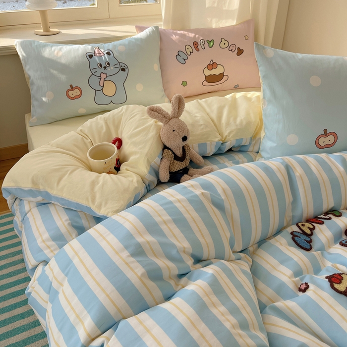 91家纺网 家纺一手货源 找家纺 美乐迪家纺 2025新款休闲风系列全棉毛巾绣四件套 派对猫咪